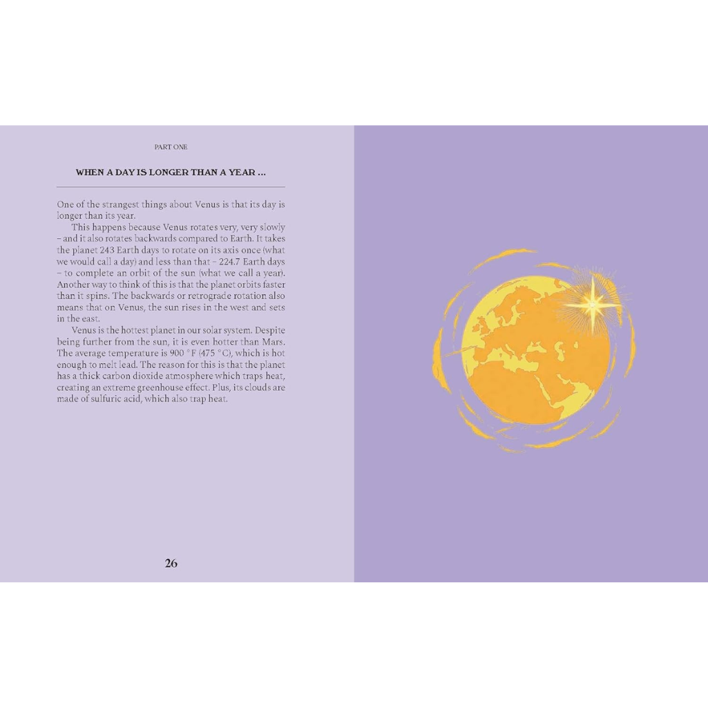 Book page with text and a yellow planet illustration on a purple background