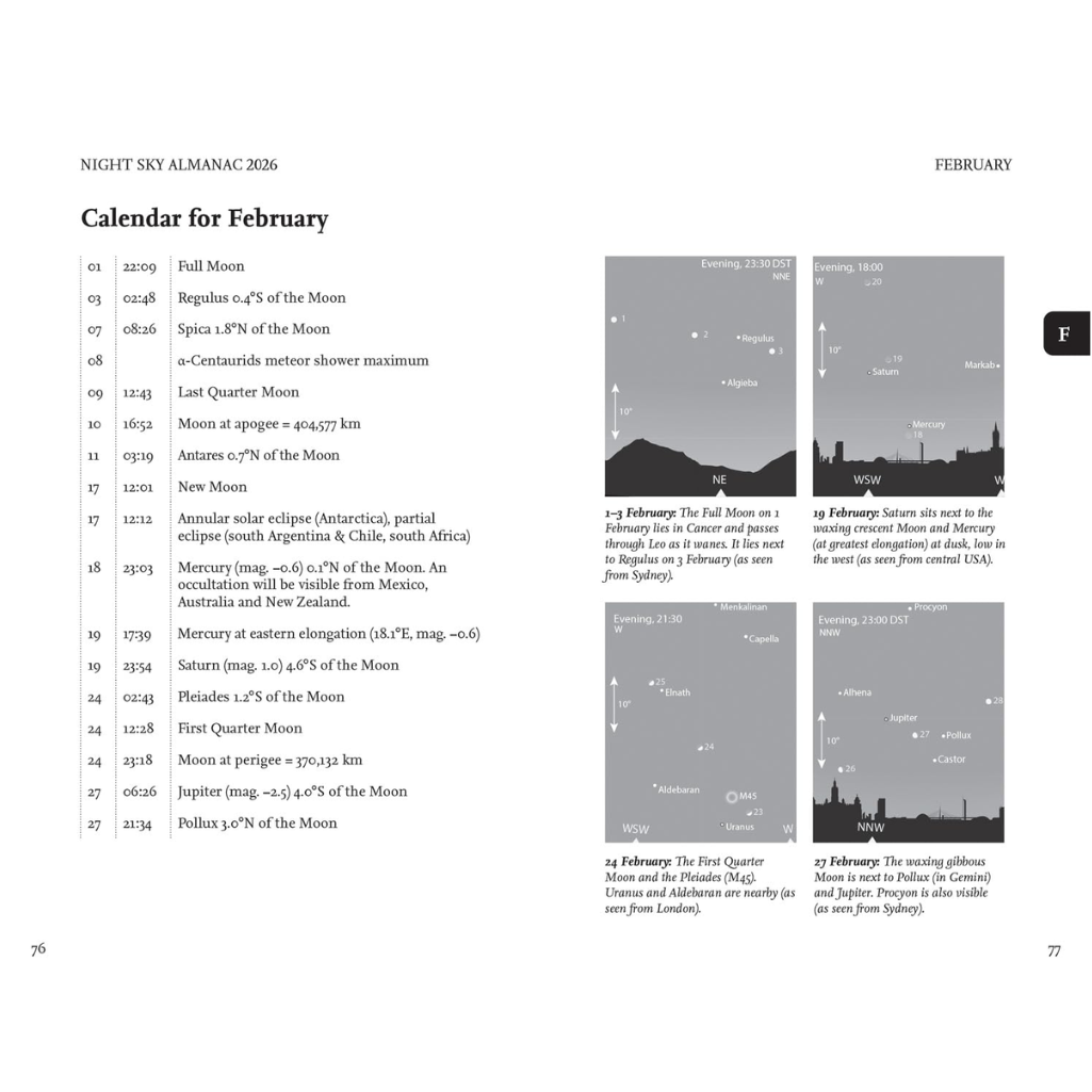 Page from a Night Sky Almanac showing a calendar for February with celestial event listings and diagrams.