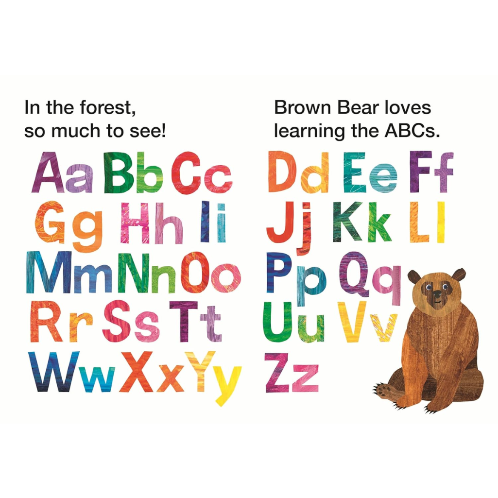 Colorful alphabet letters with a brown bear illustration on a white background