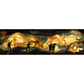 Prehistoric cave painting with silhouettes of humans and animals on a white background