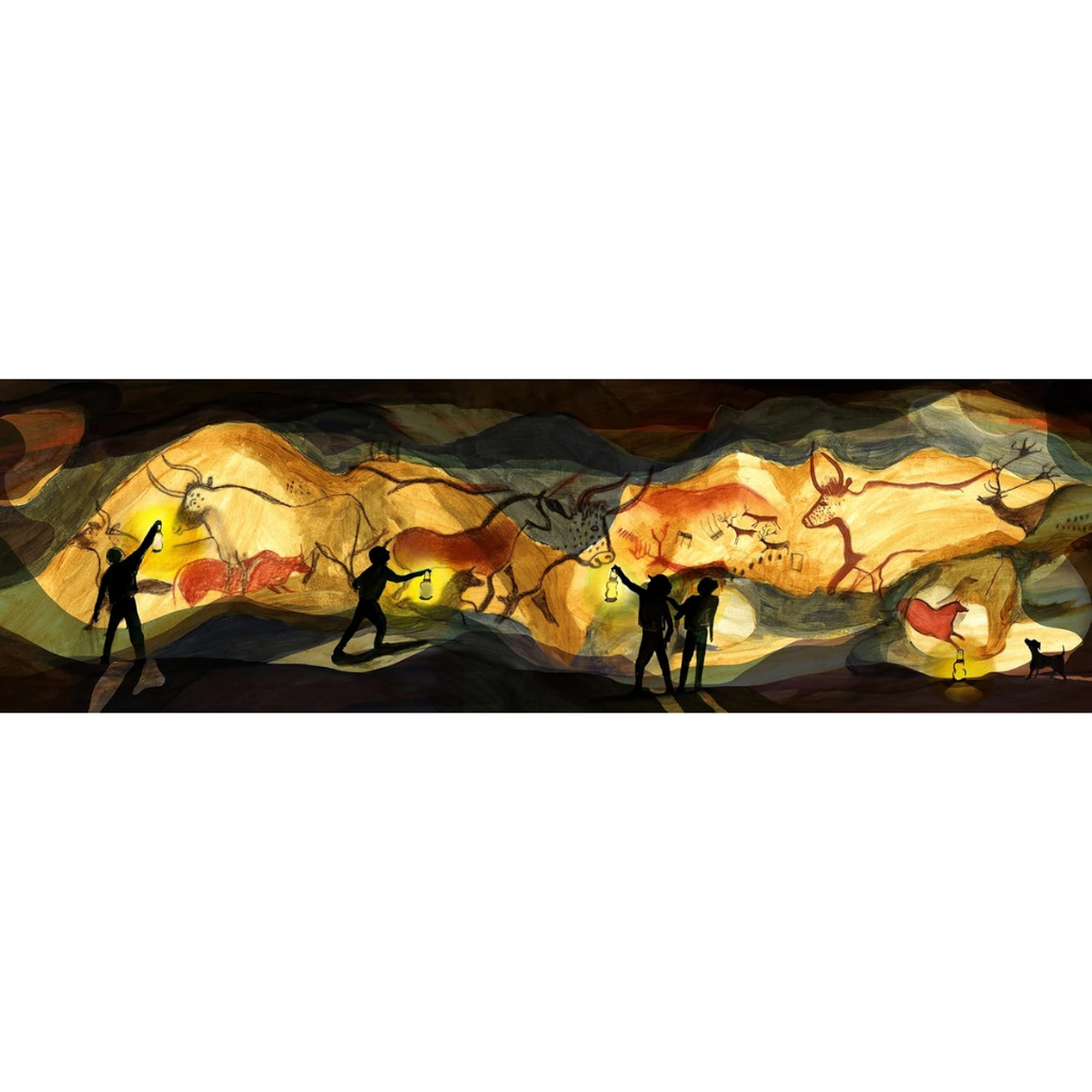Prehistoric cave painting with silhouettes of humans and animals on a white background