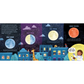 Illustrated book page about moon phases with a cityscape and animals.