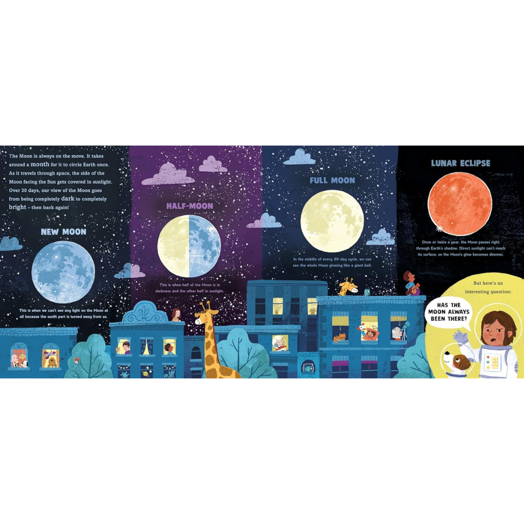 Illustrated book page about moon phases with a cityscape and animals.
