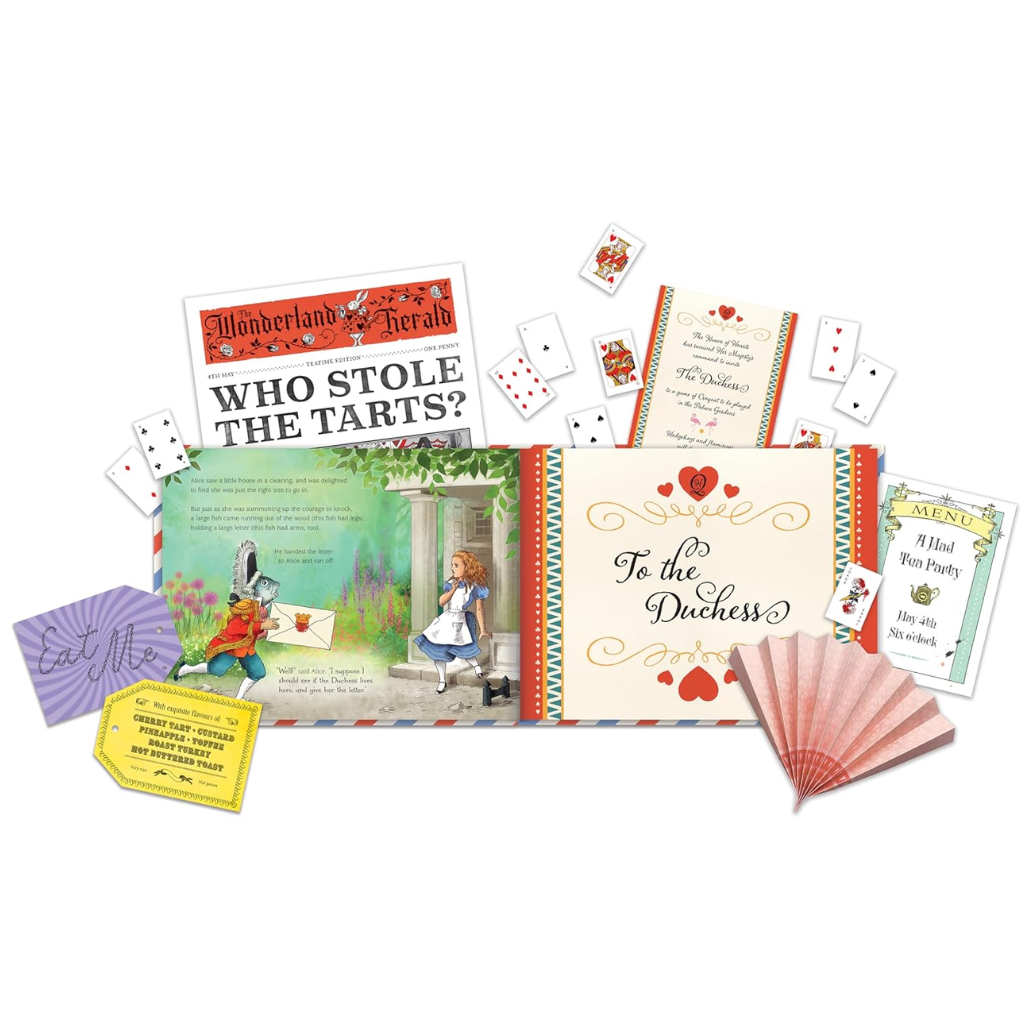 Collection of cards and booklets with Alice in Wonderland theme on a white background