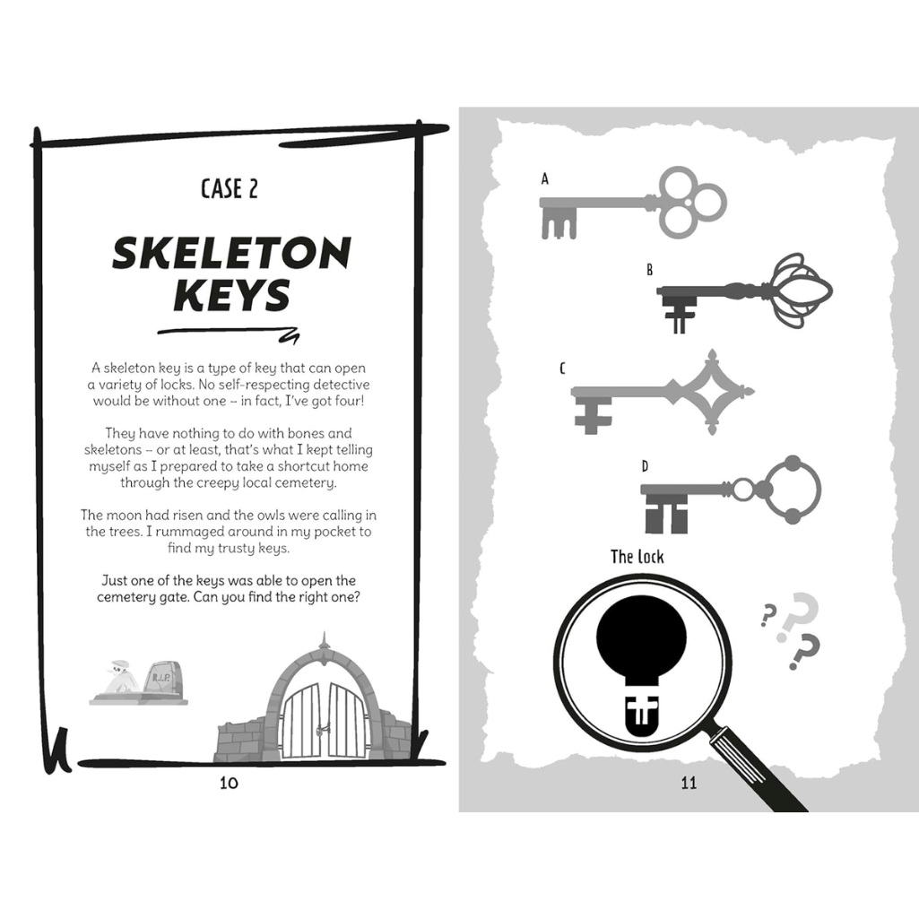 Illustrated page from a book or game about skeleton keys with text and key illustrations.