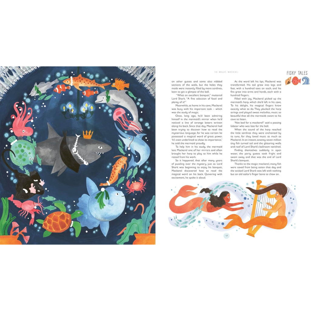 Illustrated book page with sea creatures and mermaids on a white background