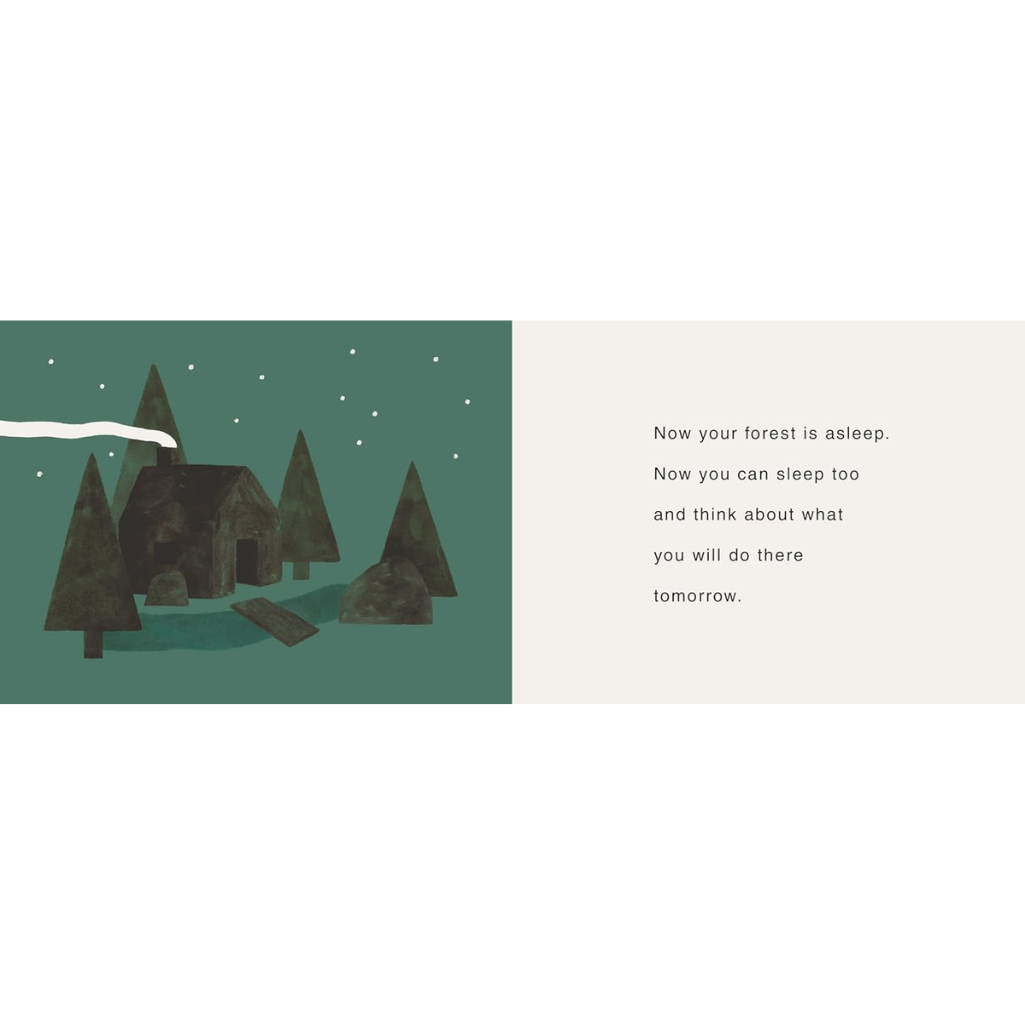 Illustration of a forest scene with a cabin at night, accompanied by text.