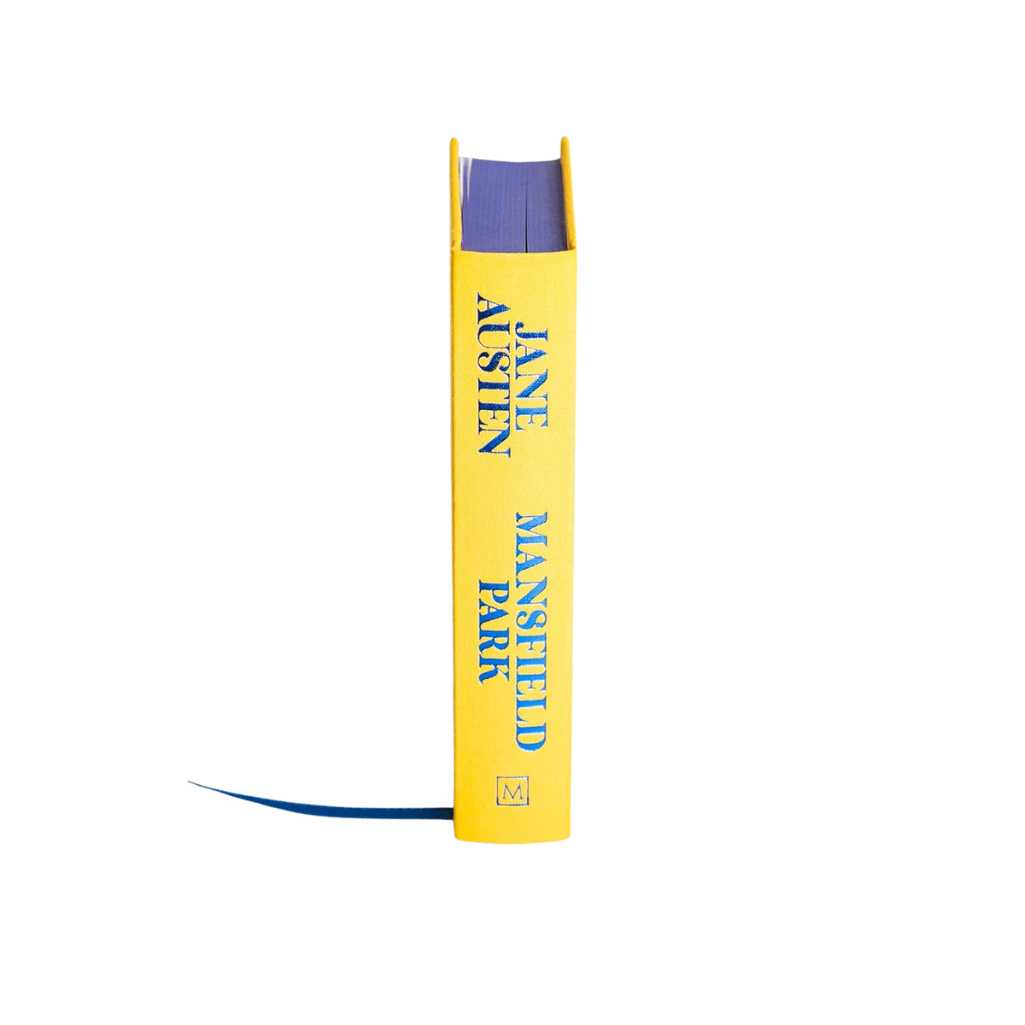 Book titled 'Mansfield Park' by Jane Austen with a yellow spine and blue text on a white background