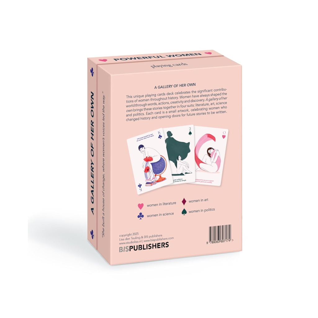 Box of 'Powerful Women' playing cards with illustrations on a white background