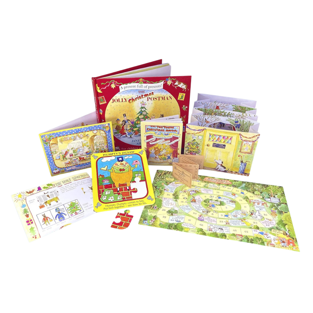 Collection of children's books and educational materials on a white background