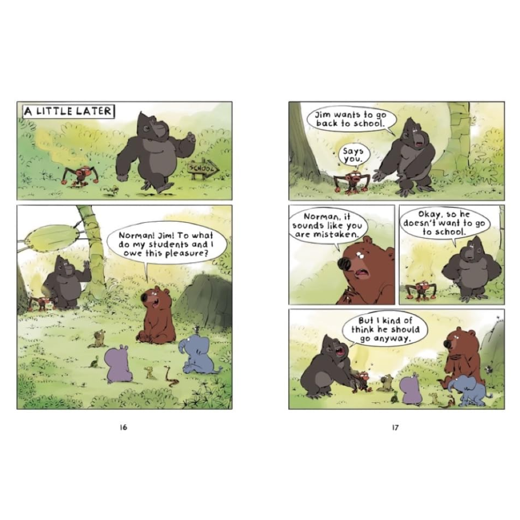 Comic strip with bears in a forest setting discussing going back to school.