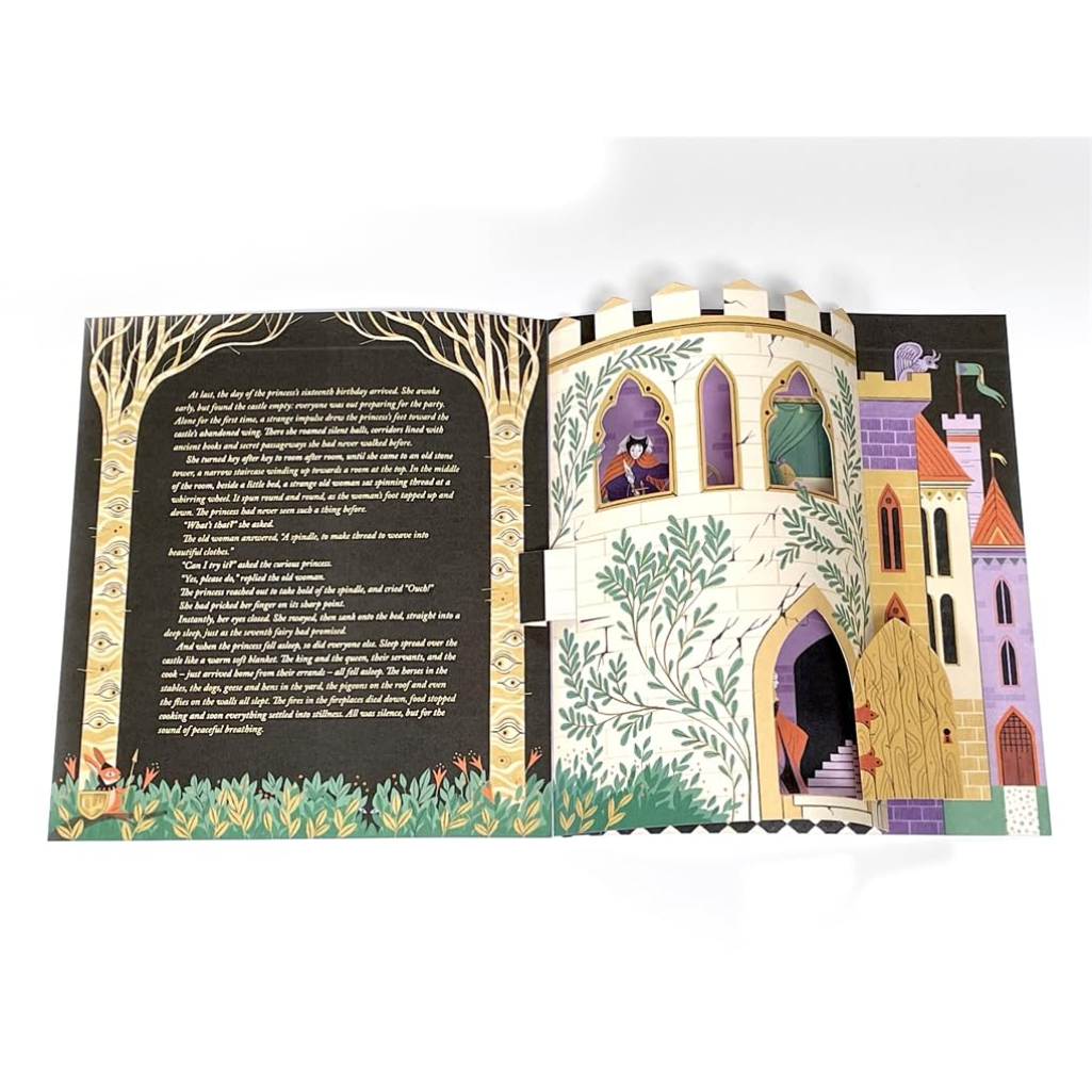 Illustrated book page with a castle and text on a white background