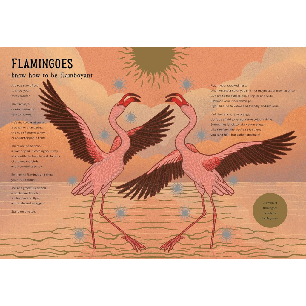 Illustration of two flamingoes with outstretched wings on a warm-toned background.