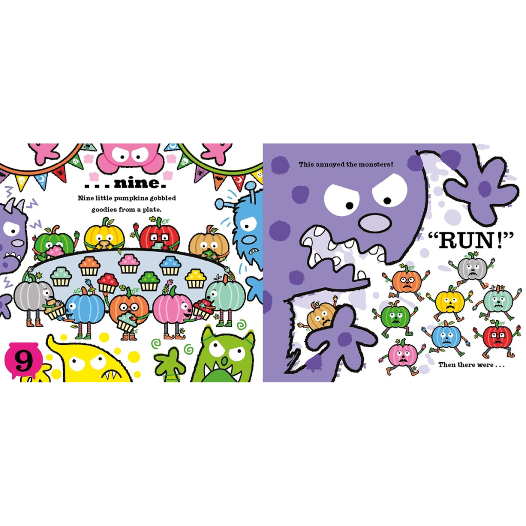 Children's book page with colorful monsters and pumpkins on a white background