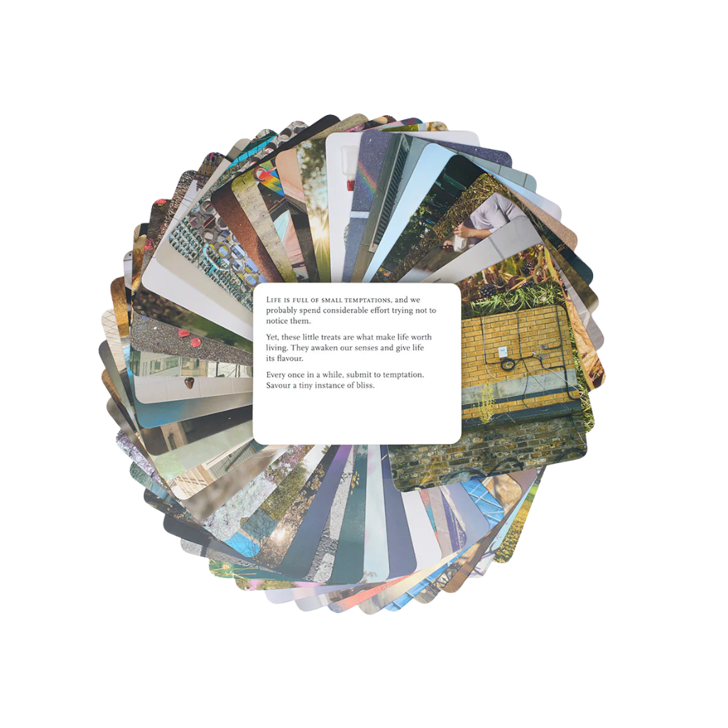 Circular arrangement of postcards with various images and text on a white background