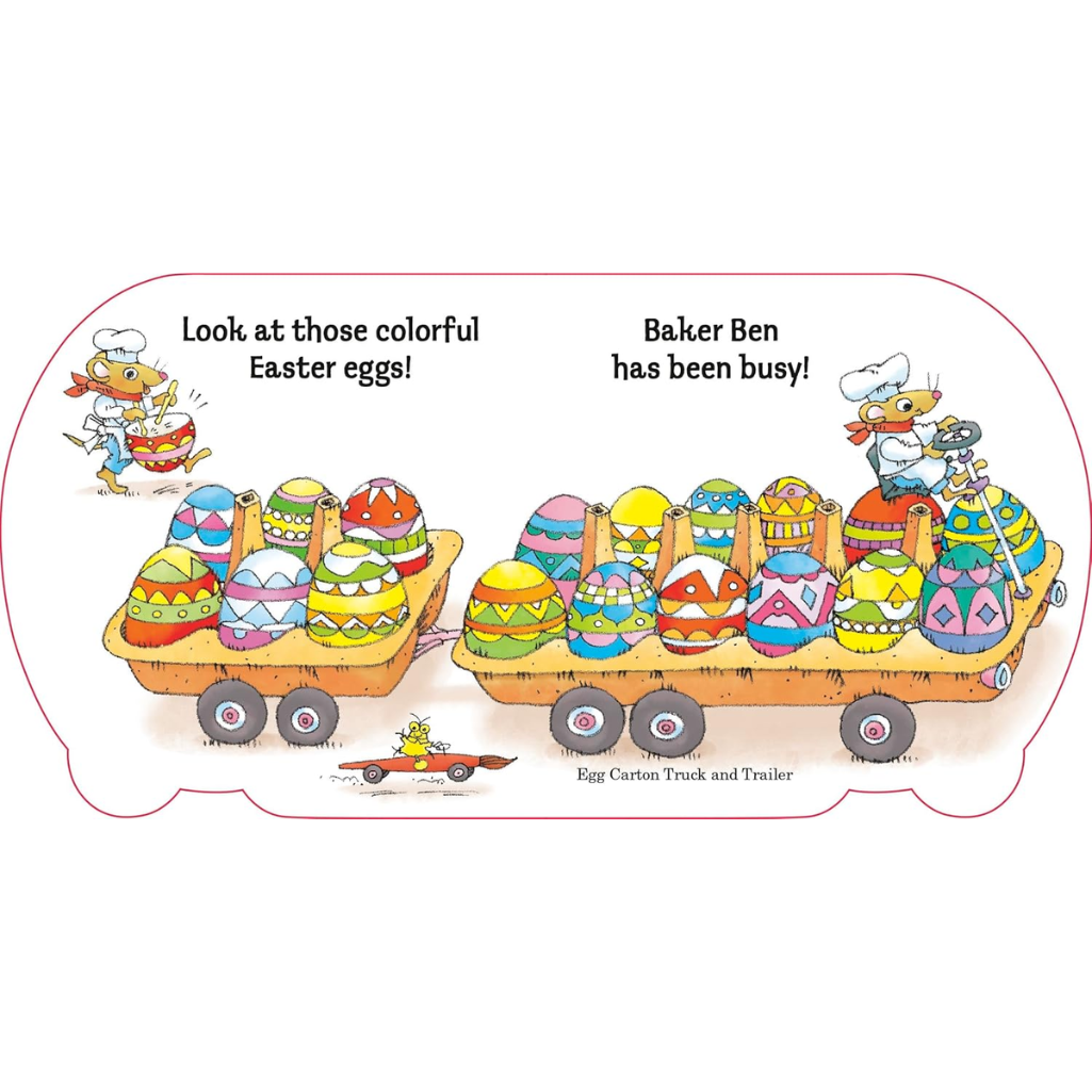 Illustration of a truck and trailer with colorful Easter eggs and Baker Ben, a character from a children's book series.