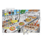 Cartoon-style illustration of a pizza parlour with various pizzas being prepared.
