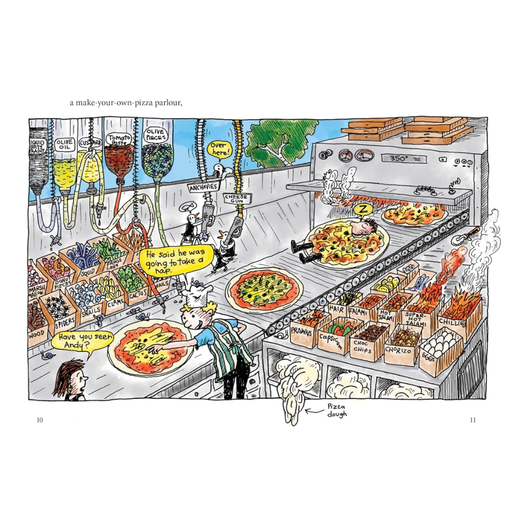 Cartoon-style illustration of a pizza parlour with various pizzas being prepared.