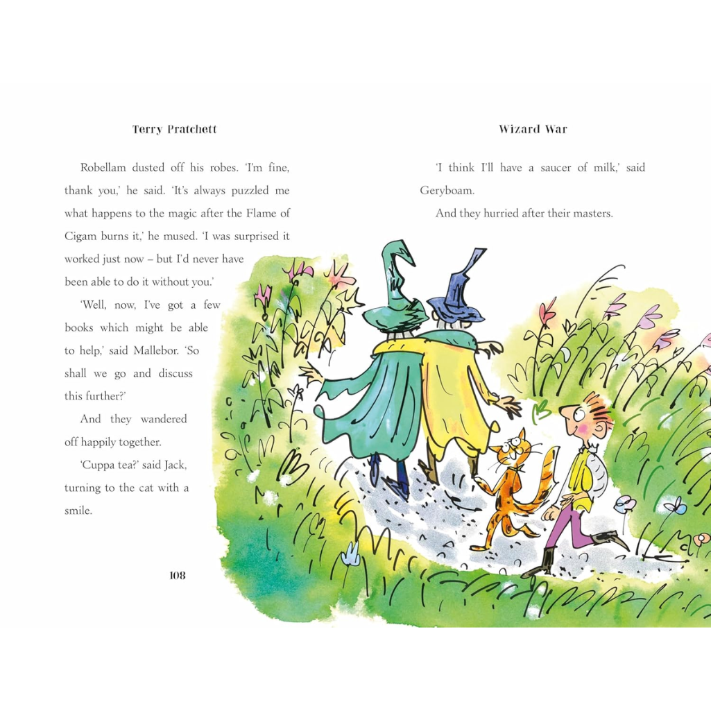 Illustrated book page with characters in a garden setting