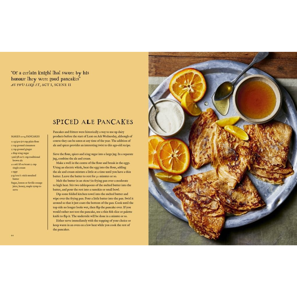 Spiced ale pancakes on a plate with oranges and syrup, accompanied by text on a yellow background.