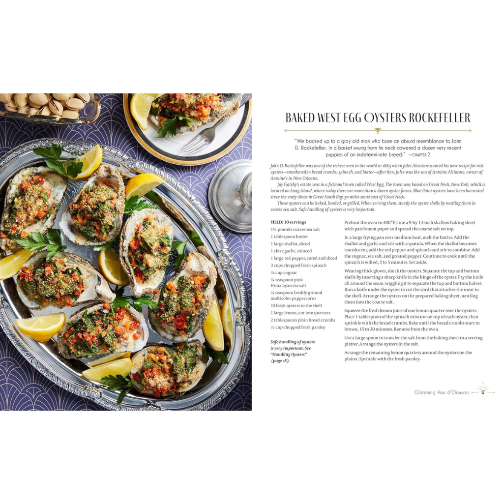 Baked West Egg Oysters Rockefeller on a platter with lemon wedges, accompanied by text on a magazine or book page.