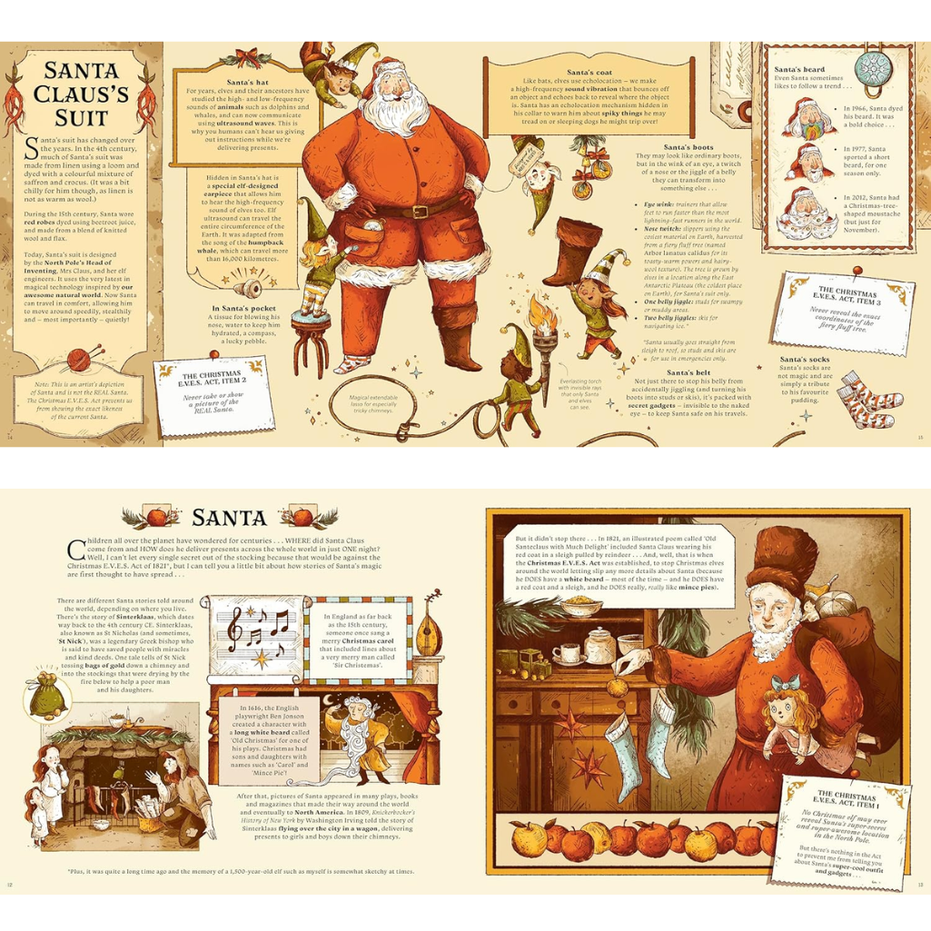 Illustrated informational page about Santa Claus's suit and activities, featuring text and graphics on a beige background.