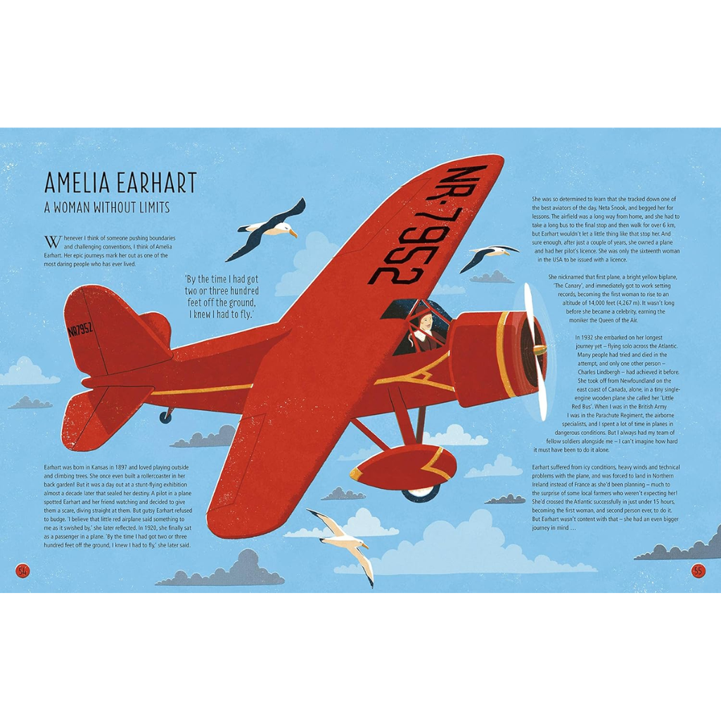 Illustration of a red airplane with text about Amelia Earhart on a blue background