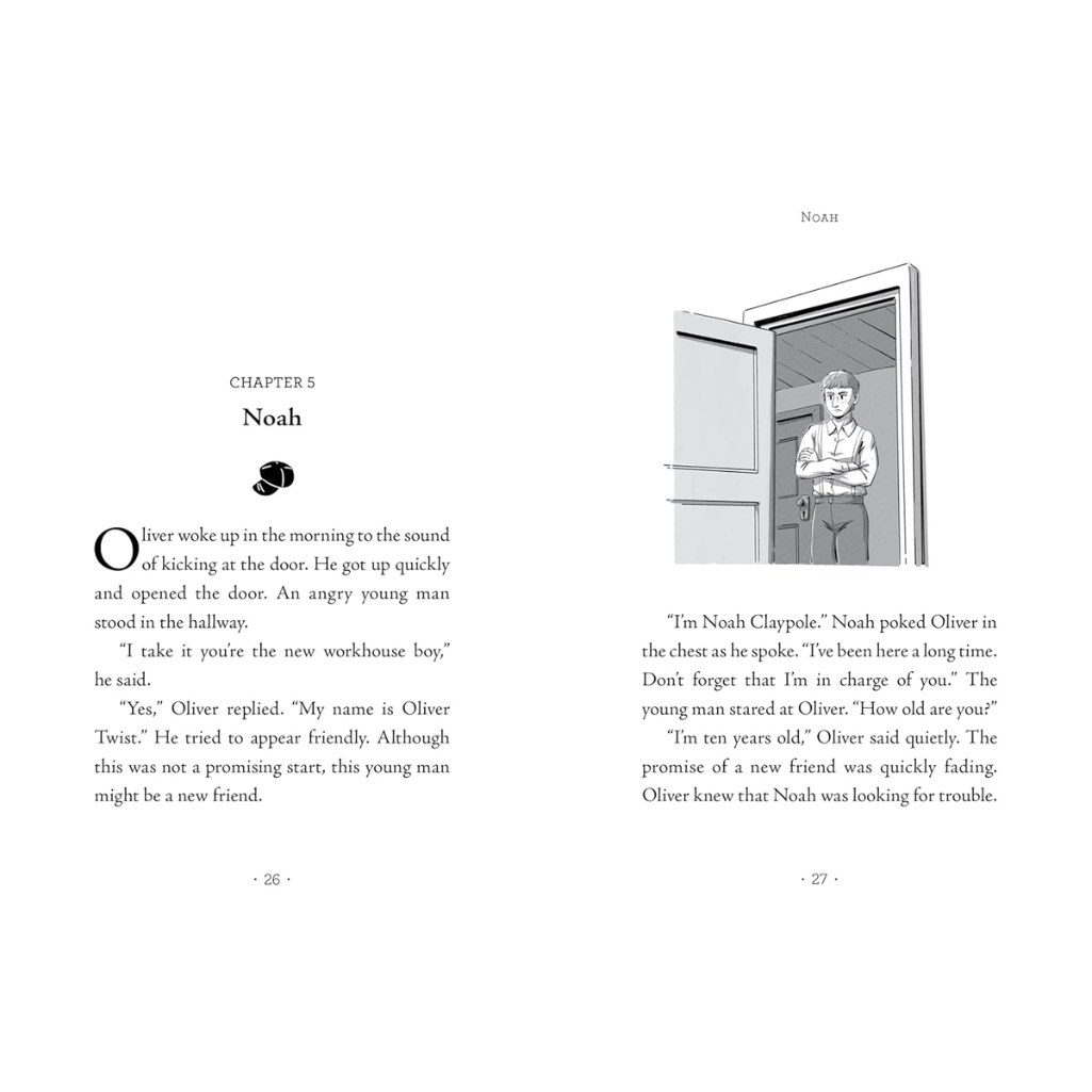 Book page with text and a small illustration of a boy standing in an open door.