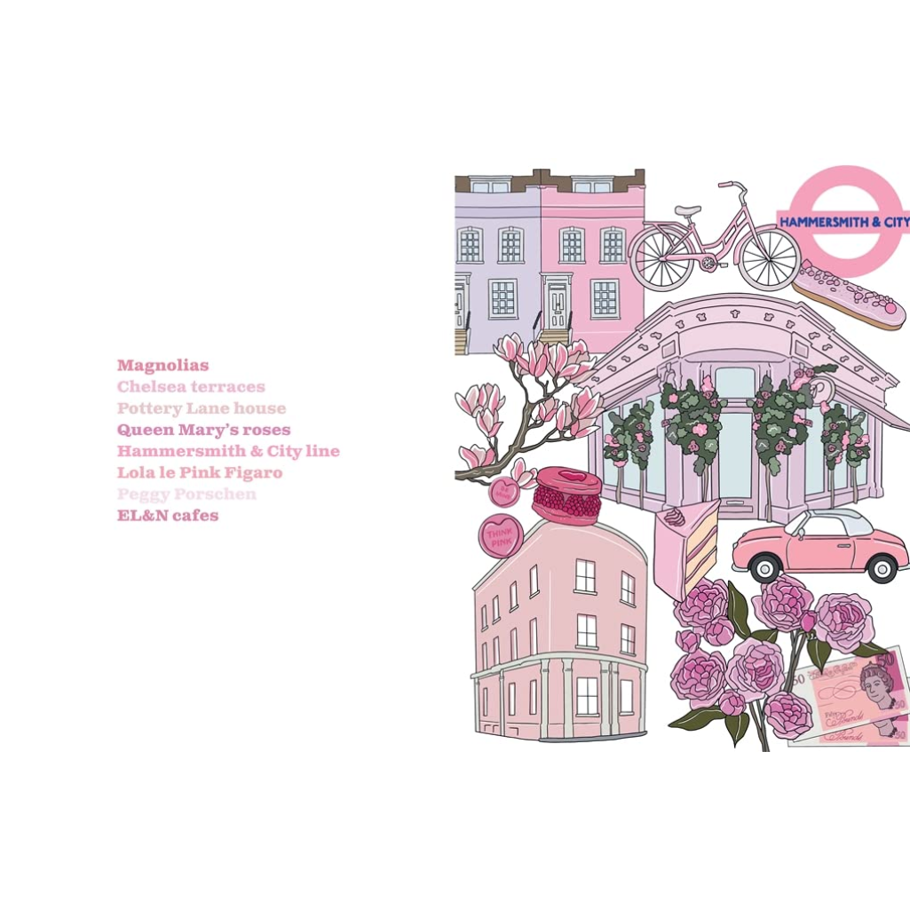 Illustrated scene with pink buildings, flowers, and a bike on a white background