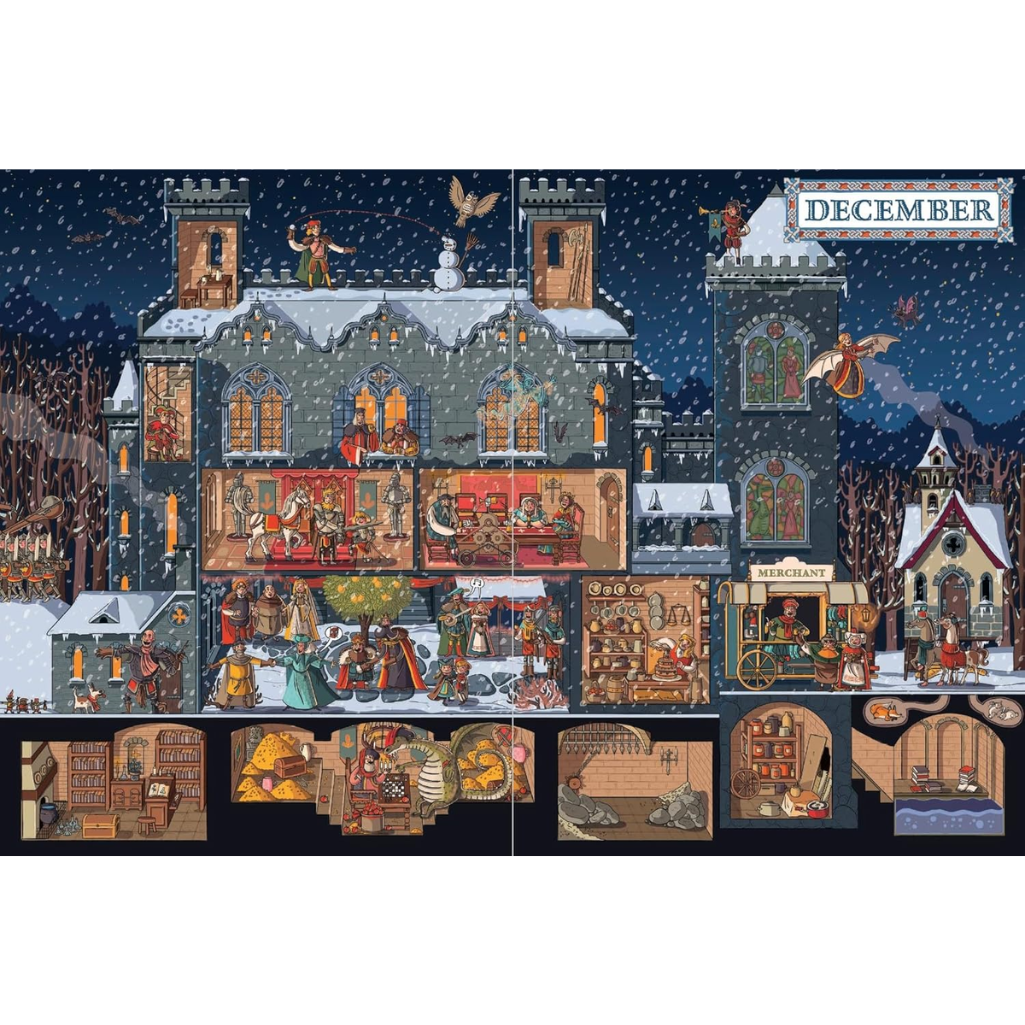 Decorative scene with a snowy village and people, featuring a building with a clock tower and various shops.