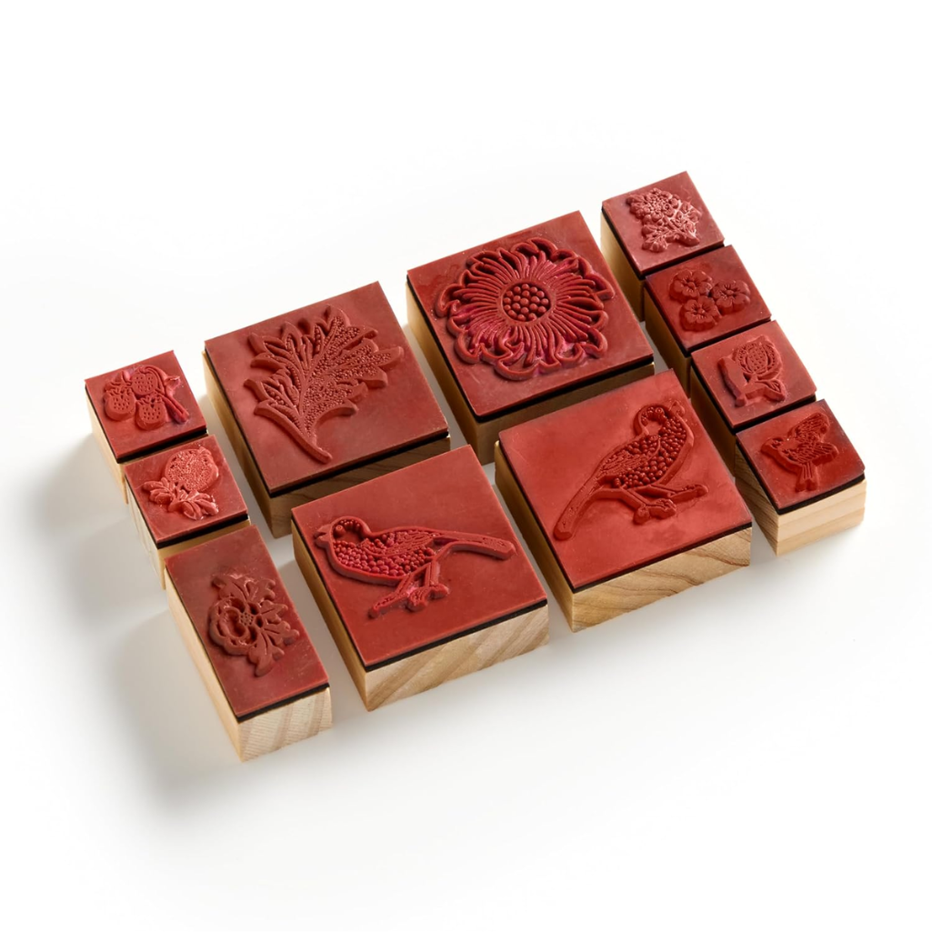 Set of red rubber stamps on a white background
