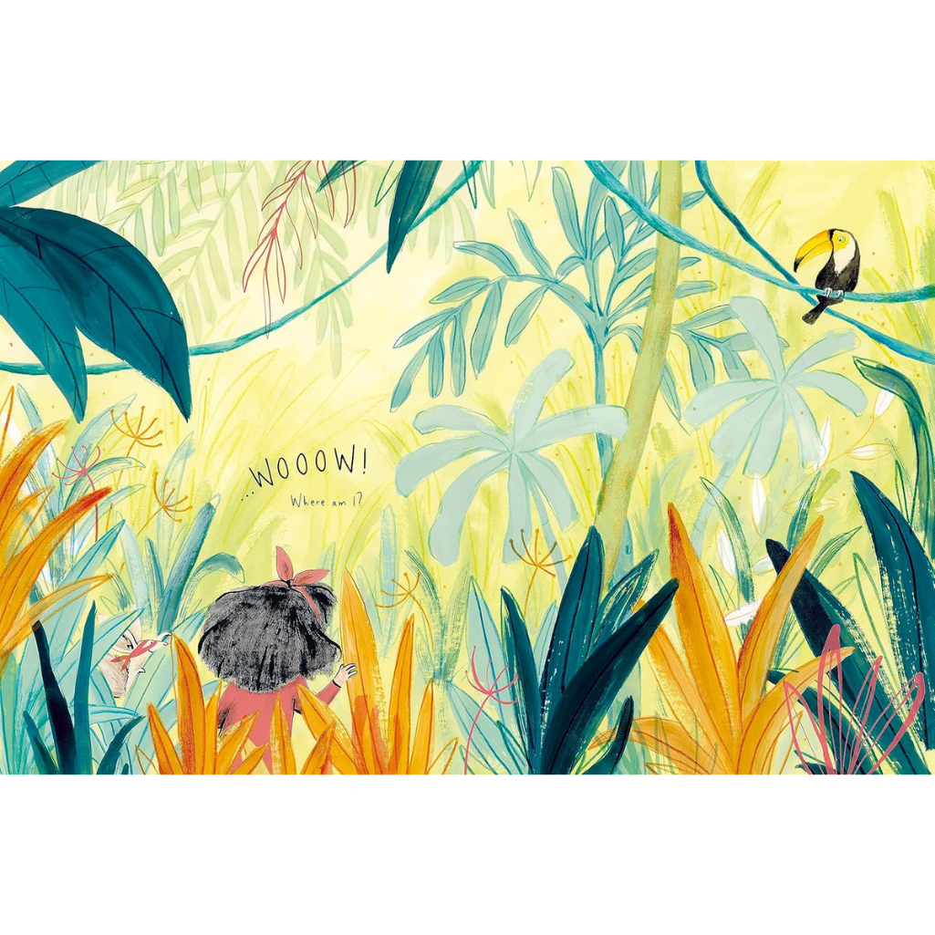 Colorful illustration of a jungle scene with plants and animals, featuring the word 'WOOOW!' and a question mark.