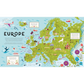 Illustrated map of Europe with various landmarks and features on a blue background.