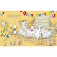 Illustration of animals at a party with balloons and a cake, featuring text.