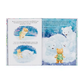 Open book showing illustrations of teddy bears in a snowy scene
