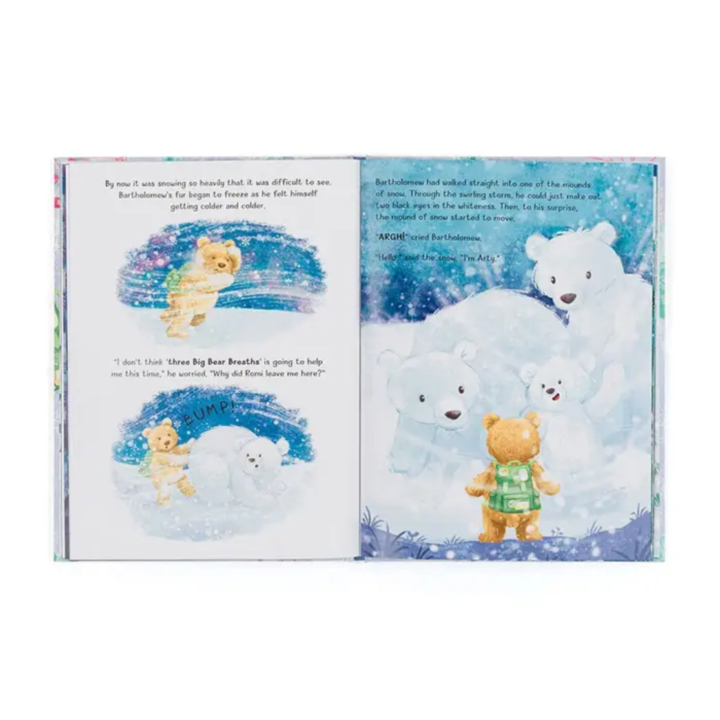 Open book showing illustrations of teddy bears in a snowy scene