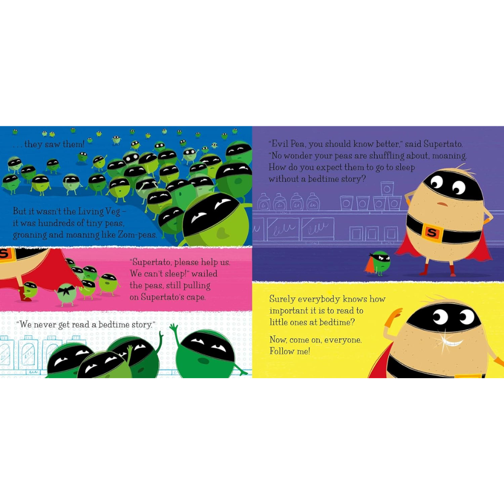 Illustrated book page with superhero character and green creatures on a colorful background