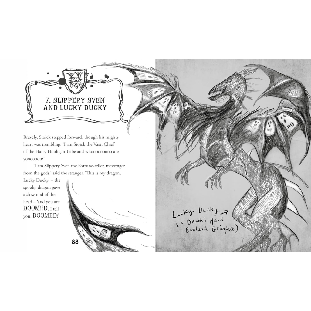 Illustration of a dragon with text on a white background