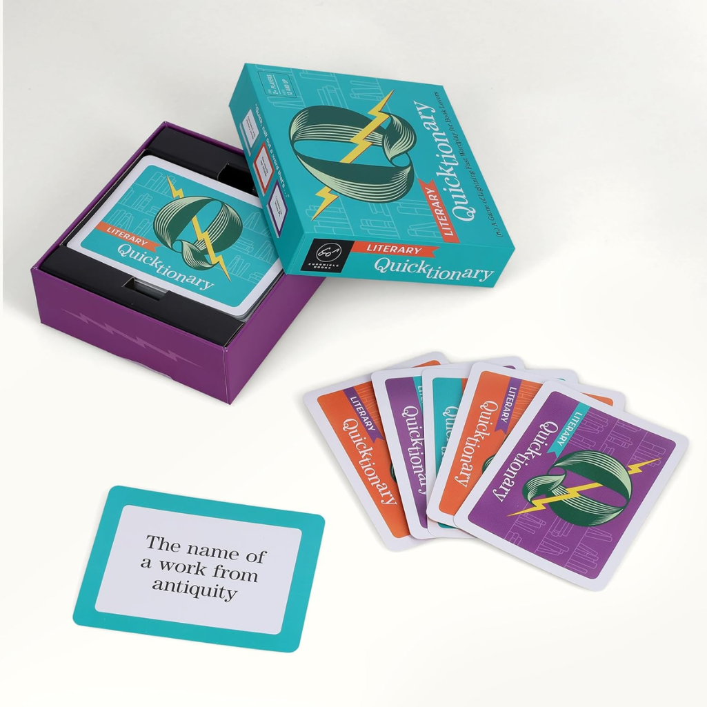 Card game set with 'Quicktionary' cards and packaging on a white background