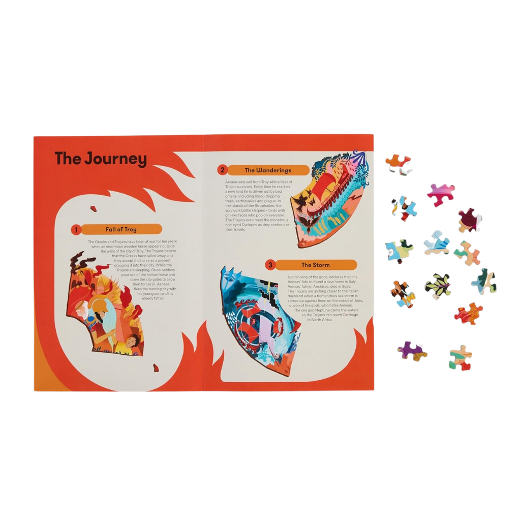 Puzzle with colorful pieces and an instruction sheet titled 'The Journey' on a white background