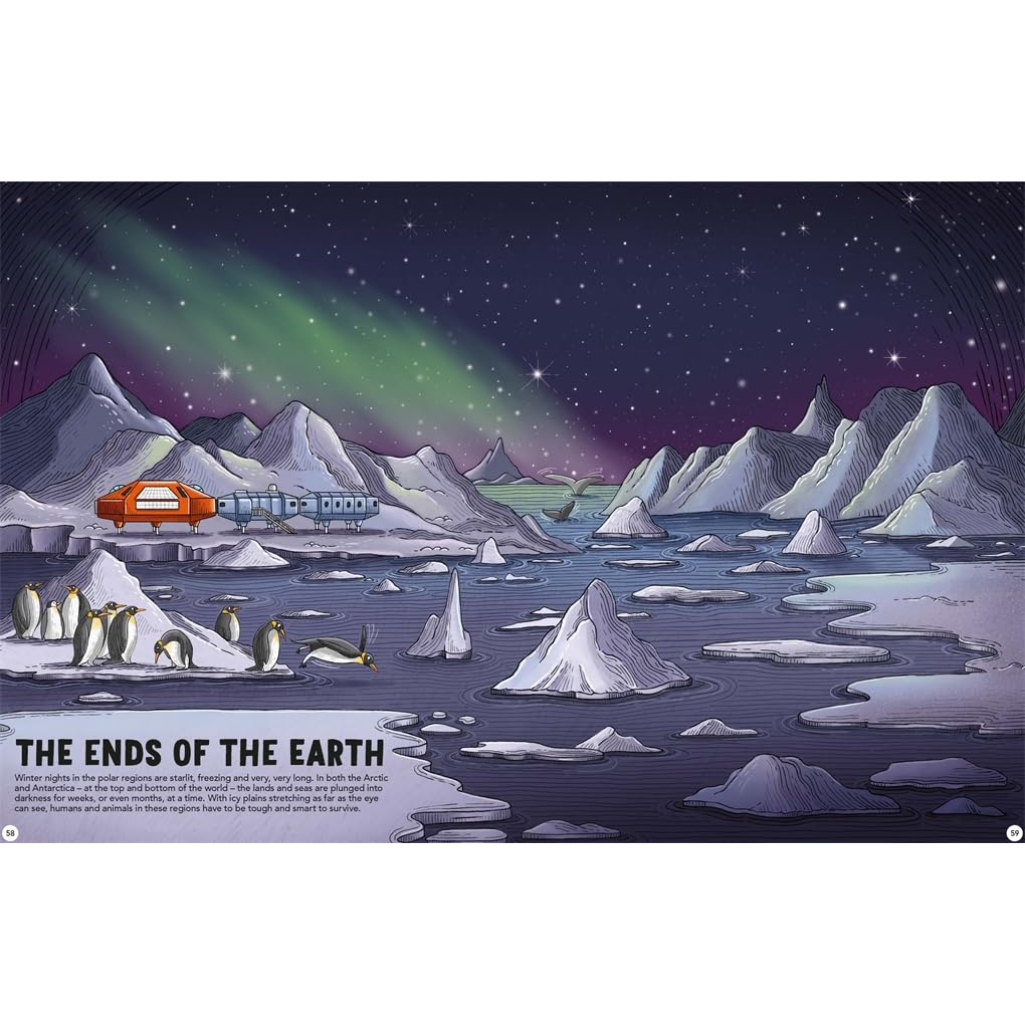 Illustration of a snowy landscape with mountains, penguins, and a car under the Northern Lights.
