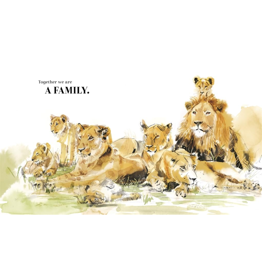 Illustration of a lion family with the text 'Together we are A FAMILY.'