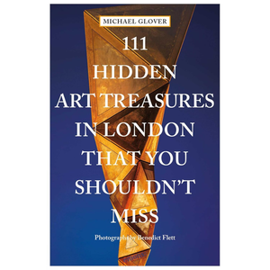 Book cover with text about hidden art treasures in London on a blue background