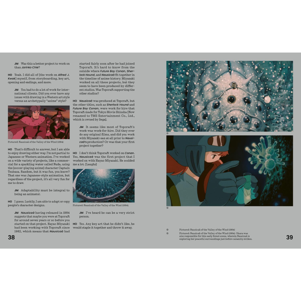 Page from a book or magazine with animated characters and text on a gray background