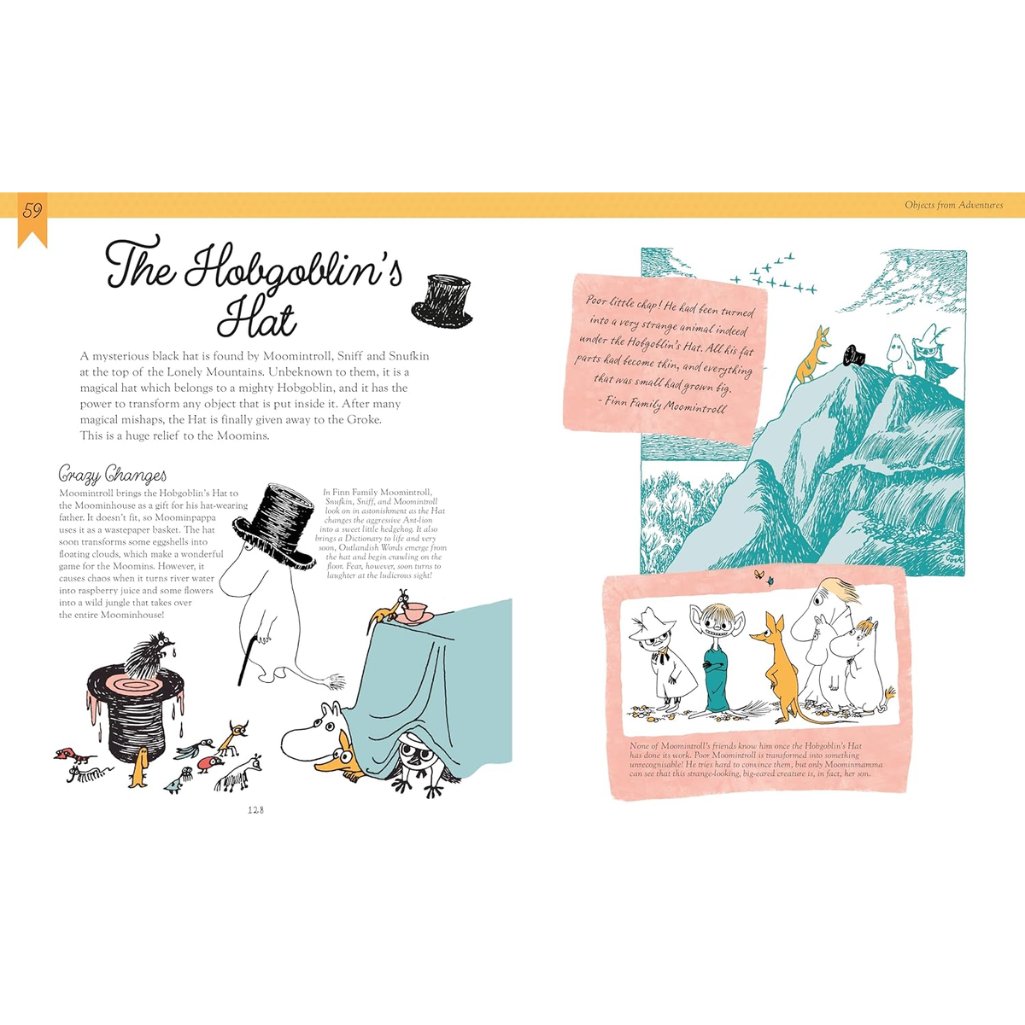 Illustrated book page with characters and text, featuring a hat and mountain scene.