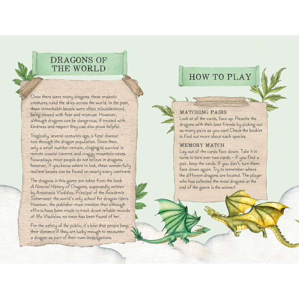 Instructions for a 'Dragons of the World' game with dragons and text on a light green background.