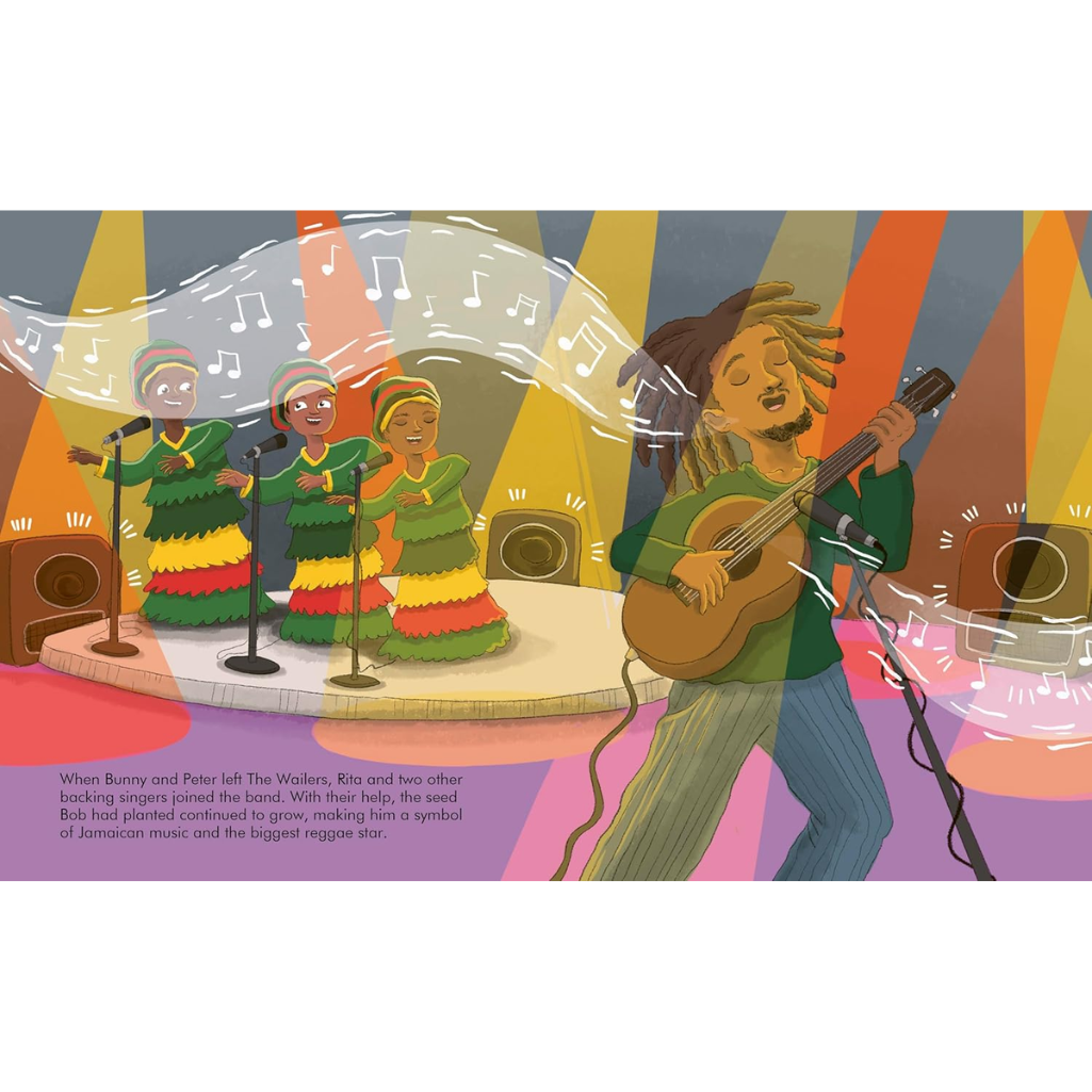 Illustration of a band performing on stage with colorful background