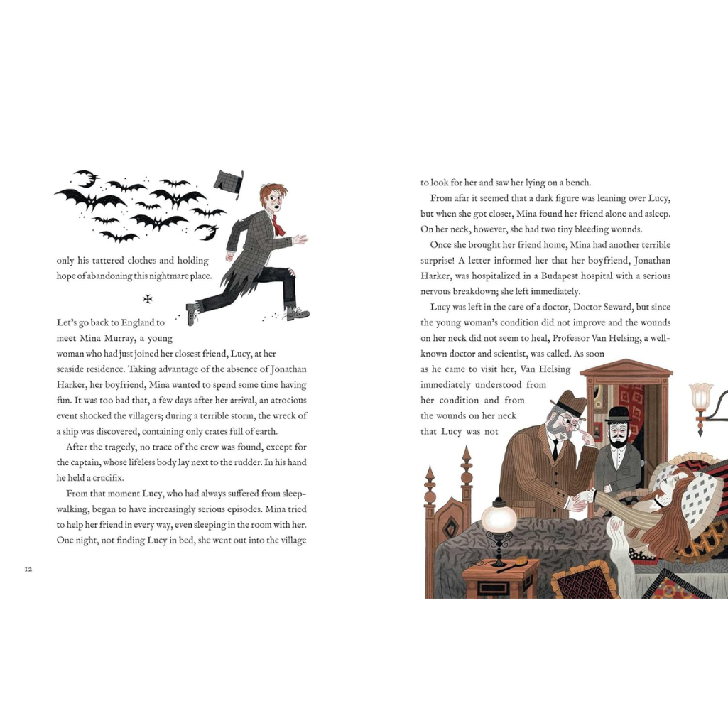 Illustrated book page with a character in a suit running, text, and a scene with people in a room.