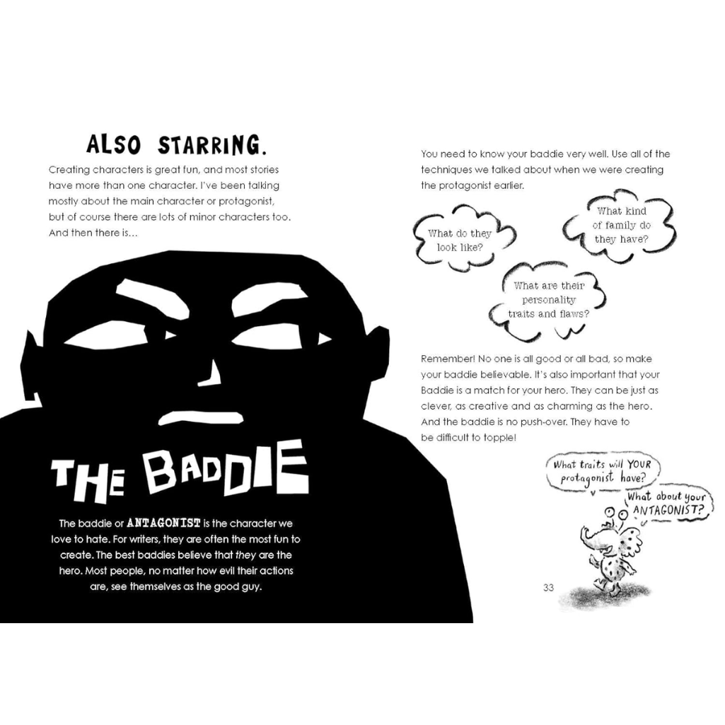 Comic book page with character design and text about the 'baddie' or antagonist.