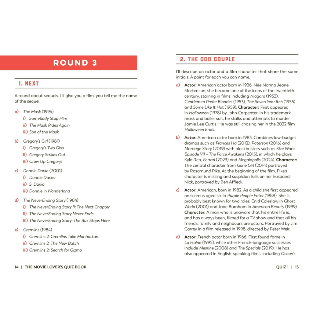 Quiz book page with movie trivia questions and answers on a white background